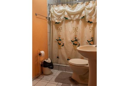 a bathroom with a shower curtain and a toilet at Marta's Guesthouses, apartamentos con entrada autonoma in Puerto Limón