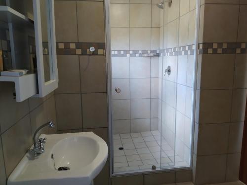 W łazience znajduje się prysznic i umywalka. w obiekcie Mogale Royal Gardens w mieście Polokwane