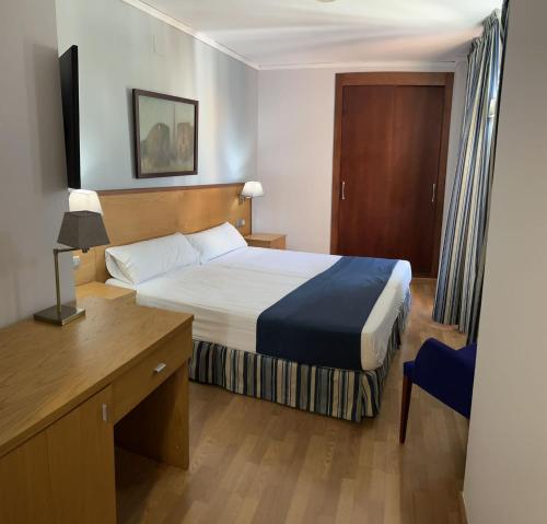 a hotel room with a bed and a desk and a desk at Alojamientos Cervantes in Linares