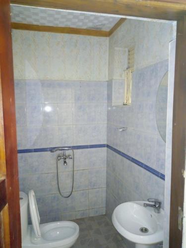 a bathroom with a shower and a toilet and a sink at Our Home in Mbale