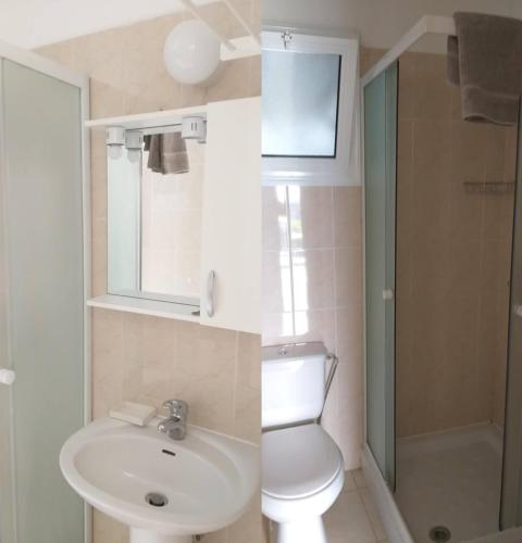two pictures of a bathroom with a toilet and a sink at Panoramic Holidays - Superior 41 in Peyia