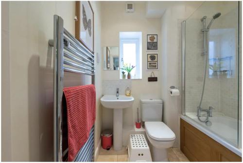 a bathroom with a sink and a toilet and a shower at Wells City Centre, Quiet Mews House, sleeps 6 in Wells