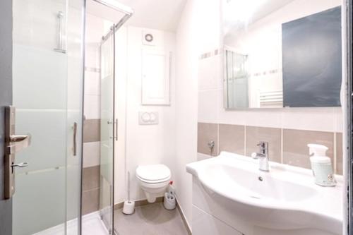 a bathroom with a sink and a toilet and a shower at Appartement à L'Isle-sur-la-Sorgue avec vue sur la ville in LʼIsle-sur-la-Sorgue
