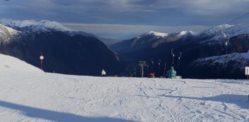 LocanaにあるGran Paradiso huge apartament in Locanaの雪山をスキーで下りている人