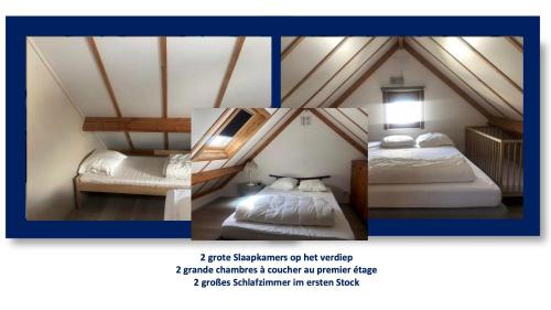 two pictures of a room with two beds in a attic at vakantiehuis 48 in Wenduine