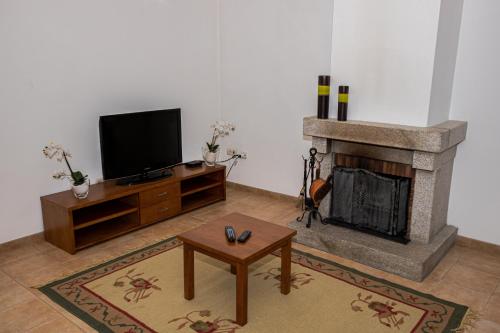 a living room with a tv and a fireplace at Casas Campo Cimo da Quinta in Miranda do Douro