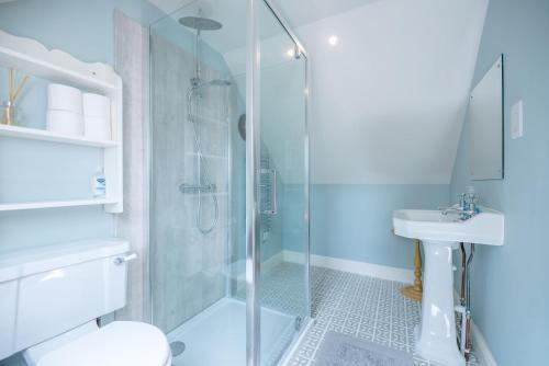 a bathroom with a shower and a toilet and a sink at Poplar Farm Cartlodge Earl Soham Air Manage Suffolk in Woodbridge