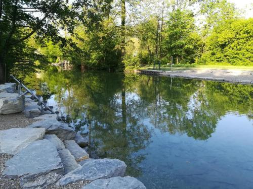 a body of water with trees and a bridge at Gemütliches Tiny Home mit 30m2 inklusive Kochmöglichkeit in Lenzing