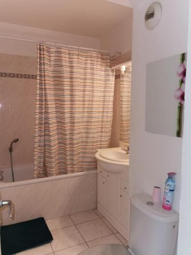 ein Badezimmer mit einer Badewanne, einem WC und einem Waschbecken in der Unterkunft Appart T1bis Malbosc in Montpellier