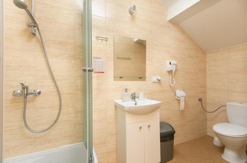 a bathroom with a shower and a toilet and a sink at MADOHORA_SŁOŃCE in Zaryte