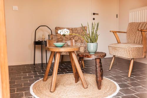 een woonkamer met 2 tafels en een stoel bij B&B Maison Lize in Lievegem