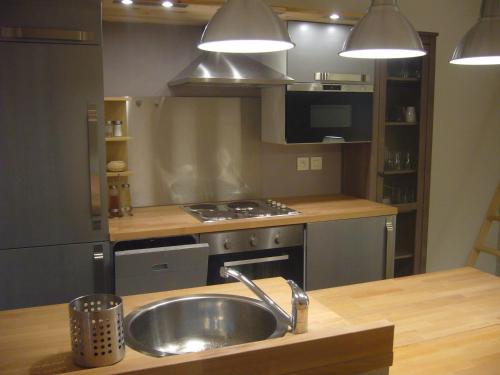 una cocina con fregadero y estufa horno superior en La Ginente Appartement, en Argilliers