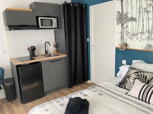 a bedroom with a bed and a kitchen with a sink at Studio pour 2 avec terrasse au pied de la Cité : ma pierre à l’édifice in Carcassonne