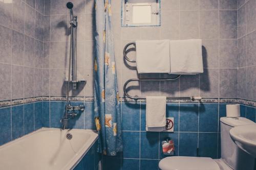 a bathroom with a tub and a toilet and a sink at Minzifa Inn in Bukhara