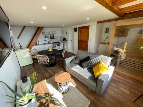 a living room with a couch and a table at Lunela estate with sauna in Cerklje na Gorenjskem