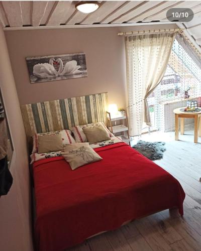 a bedroom with a bed with a red blanket at Rodzinny zakątek "U Głuszków" Bieszczady in Myczkowce
