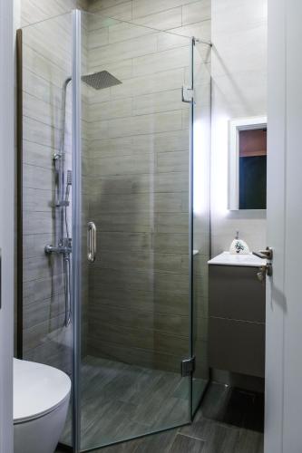 a bathroom with a glass shower and a sink at BB Residence Sololaki in Tbilisi City