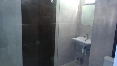 a bathroom with a shower and a sink at Willa Uroboros in Szklarska Poręba
