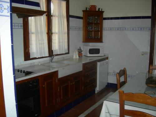 a kitchen with a sink and a microwave at Casa rural Villa Manuela in Cazalla de la Sierra