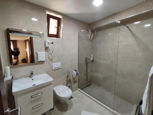 a bathroom with a shower and a toilet and a sink at Citadela Old Town - Gelateria in Ulcinj
