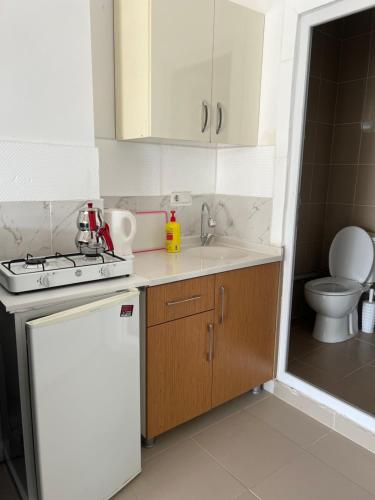 uma pequena cozinha com um lavatório e um fogão em çırpan apart otel em Enez