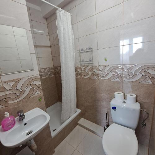 a bathroom with a toilet and a sink at Pokoje u Teresy Rewa in Rewa
