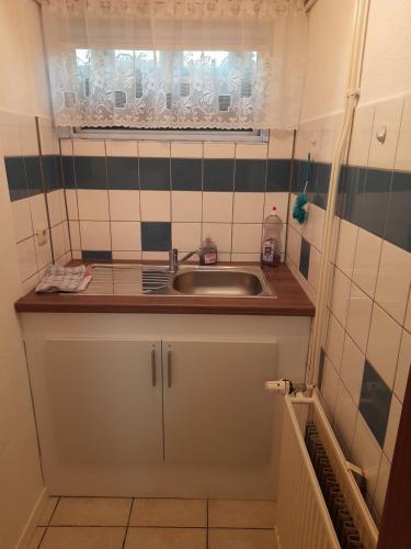 eine kleine Küche mit einem Waschbecken und einem Fenster in der Unterkunft Ferienwohnung Kastanienblick mit Wlan in Bansin