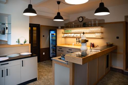 a kitchen with a sink and a refrigerator at Vila Markéta in Ledeč nad Sázavou