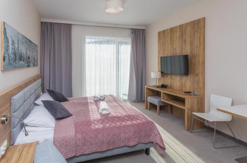 a hotel room with a bed and a television at Aparthotel Apartamenty Czarna Góra 330 in Sienna