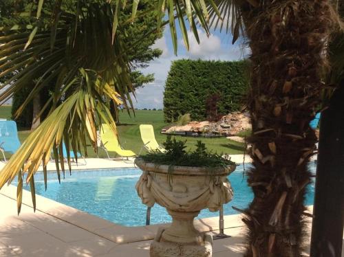 un planteur en pierre assis à côté d'une piscine dans l'établissement lagalerne, à Neuville-du-Poitou