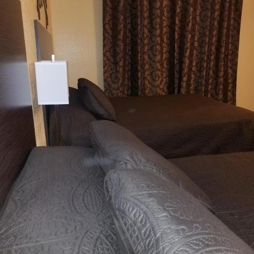 a bedroom with a bed and a lamp and curtains at Frontier Lodge in Lander