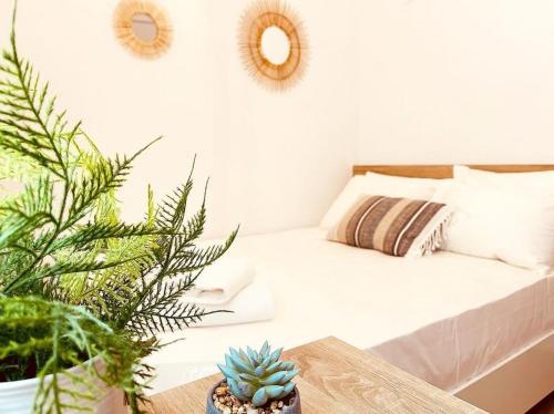 a living room with a couch and a table with plants at "Calm Joy & J" - Family in Ermoupoli