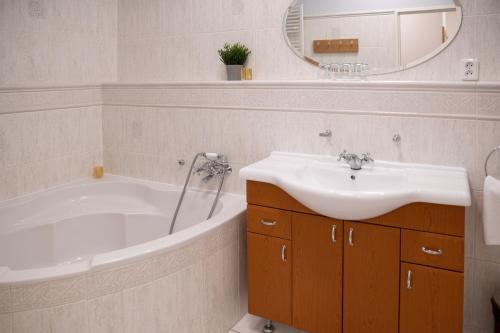 a bathroom with a sink and a tub and a mirror at Vila Markéta in Ledeč nad Sázavou