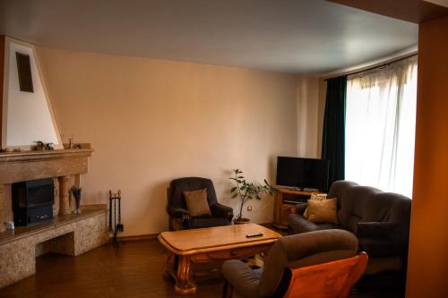 Peştişu Mare的住宿－Pensiunea Clasic Hunedoara，客厅配有沙发和桌子