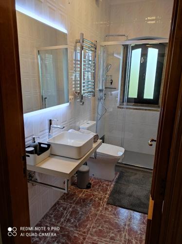 a bathroom with a sink and a toilet and a shower at Casa Além Rio - quartos para 6 hóspedes em Santo Tirso in Santo Tirso