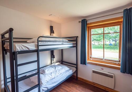 two bunk beds in a room with a window at YHA London Lee Valley in Cheshunt