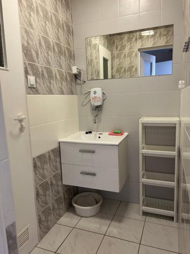 a bathroom with a white sink and a mirror at Ośrodek "Pod Wydmami" in Sarbinowo