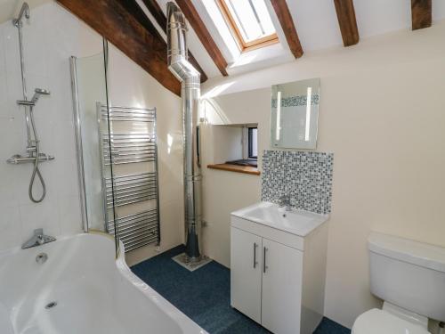 a bathroom with a white toilet and a sink at Munderfield Mill in Bromyard