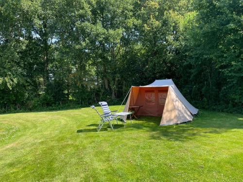 uma tenda e uma cadeira num campo ao lado de uma tenda em Ingerichte de Waard tent voor 2 personen em Zwiggelte