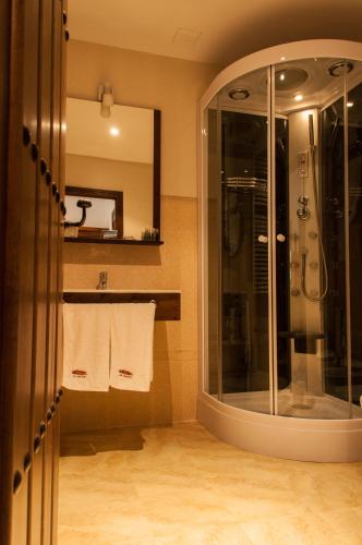 a bathroom with a shower and a mirror and towels at Casa Rural La Dueña in El Pobo de Dueñas