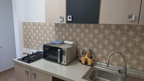 un comptoir de cuisine avec un micro-ondes et un évier dans l'établissement Gamma Group Sud, à Bucarest