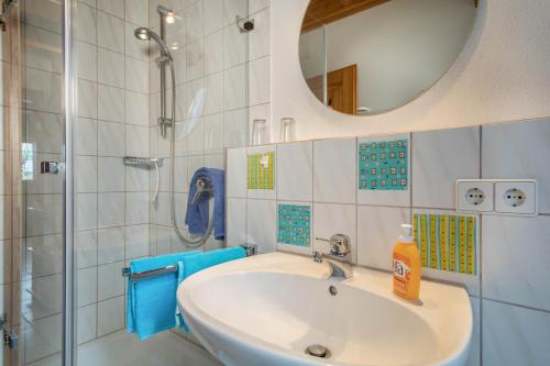 La salle de bains est pourvue d'un lavabo, d'un miroir et d'une douche. dans l'établissement Ferienwohnung Laile, à Eriskirch