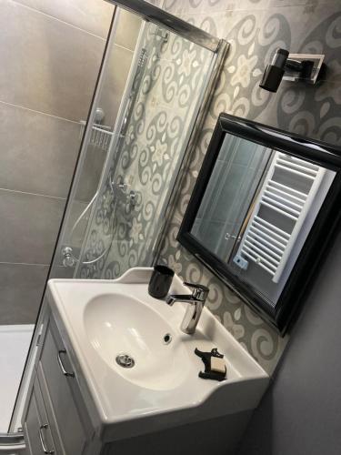 ein Badezimmer mit einem weißen Waschbecken und einem Spiegel in der Unterkunft la detente de neuilly in Neuilly