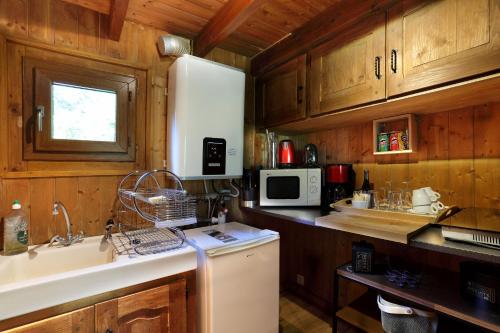 a kitchen with wooden cabinets and a sink and a refrigerator at Les Lodges de Babylone in Larringes