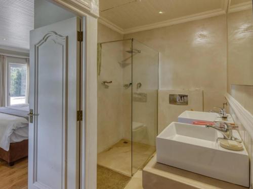 een badkamer met een witte wastafel en een douche bij Explorer Guesthouse in Somerset West