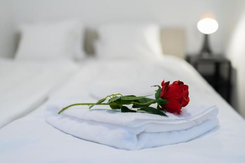 een rode roos bovenop de handdoeken op een bed bij King Seventeen Homes in Boedapest