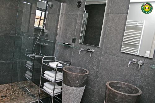a bathroom with two buckets and a shower with a mirror at Le Clos du miroir in Courset