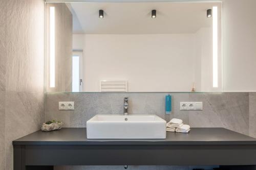 a bathroom with a white sink and a mirror at Luisl Hof - Apartment Vitis in Cornaiano