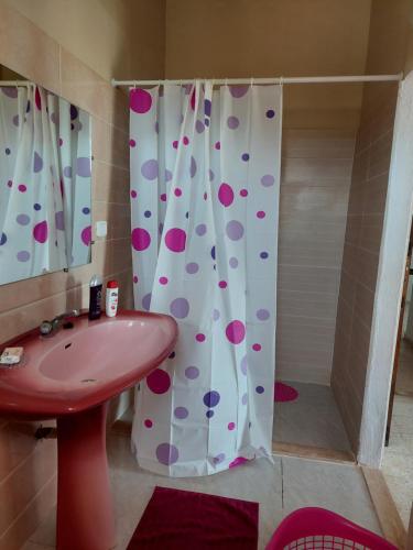 a bathroom with a pink sink and a shower curtain at Appart Gyptis Résidence Chahrazad in Sfax