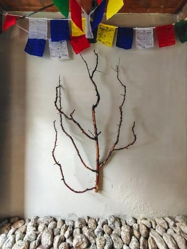 a tree branch on a white wall with prayer flags at Folktales Residency in Saturang